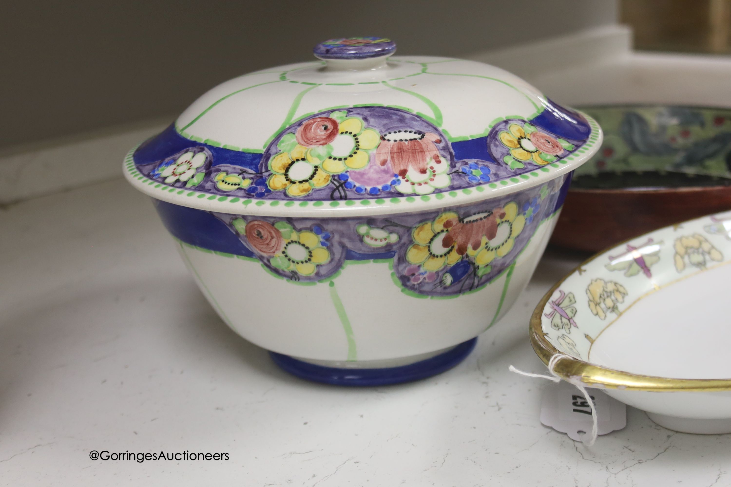 Three Scottish art pottery bowls, two signed Bough, one signed Mak Merry, and a Scottish decorated Rosenthal serving dish